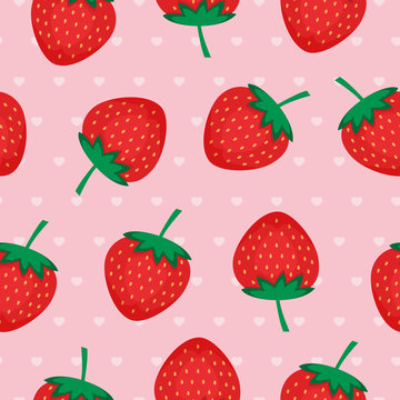 Seamless background with red strawberries. Vector strawberry pattern on pink background with hearts. Design for wallpapers, web pages, textures, textile