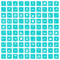 100 tackle icons set grunge blue