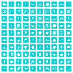 100 tasty food icons set grunge blue