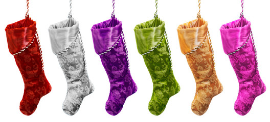 Richly colored brocade Christmas stockings hanging in a row