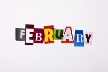 A word writing text showing concept of FEBRUARY made of different magazine newspaper letter for Business case on the white background with copy space