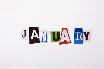 A word writing text showing concept of JANUARY made of different magazine newspaper letter for Business case on the white background with copy space