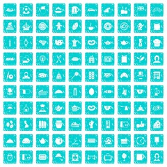 100 tea time food icons set grunge blue