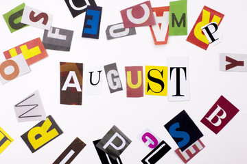 A word writing text showing concept of AUGUST made of different magazine newspaper letter for Business case on the white background with copy space