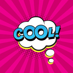 Retro comic speech bubble with colorful halftone shadow on pink stripes pattern. Expression text COOL. Vector illustration, vintage design, pop art style.