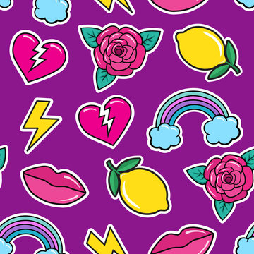 Seamless colorful pattern in fashion rockabilly tattoo style. Patches set, broken heart, rose, lemon, lips, rainbow etc on violet background. Vector illustration of modern vintage stickers 