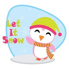 Cute penguin is happy under snow fall vector cartoon illustration for Christmas card design, wallpaper and greeting card 