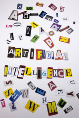 A word writing text showing concept of ARTIFICIAL INTELLIGENCE made of different magazine newspaper letter for Business case on the white background with copy space