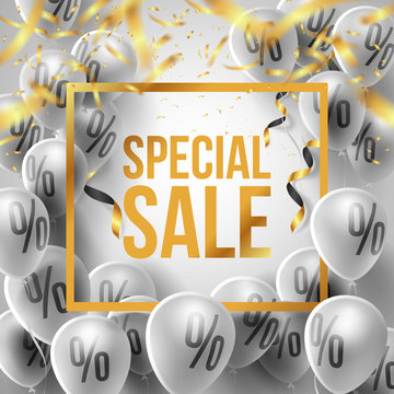 Special Sale Poster Gray and Gold style by Balloons with Percent Sign and Capital letter "SPECIAL SALE" in Golden color at center for Christmas Sale or Black friday sale Promotion.Vector illustration