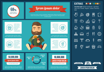 Fast food infographic template and elements. The template includes illustrations of hipster men and huge awesome set of thin line icons. Modern minimalistic flat vector design.