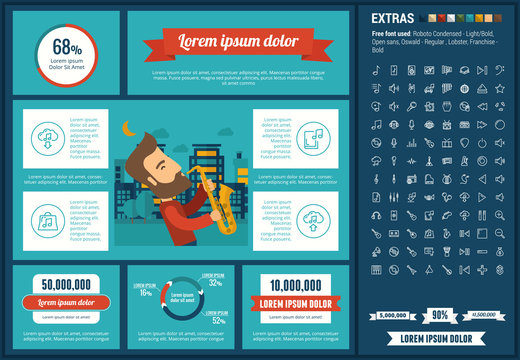 Music infographic template and elements. The template includes illustrations of hipster men and huge awesome set of thin line icons. Modern minimalistic flat vector design.