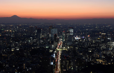 Fototapeta na wymiar 日本の東京都市風景・「渋谷駅周辺のビル群などを望む」（画面左奥には、夕焼けに浮かび上がる富士山）