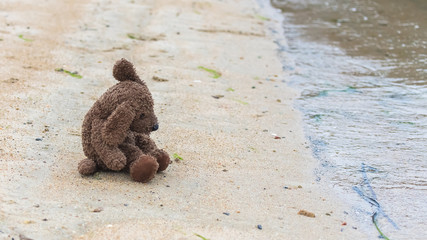 Teddy bear sitting in front of the sea, lost on the beach
