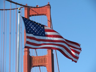 The American Flag Waving in the Wind in Front of the Golden Gate Bridge