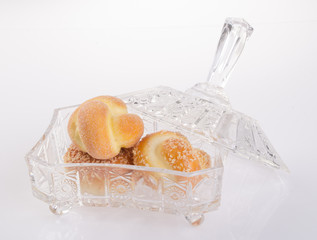 crystal bowl with food on a background.