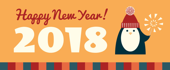 Vector colorful retro styled illustration of a penguin standing near a text 'Happy New Year 2018' and holding a sparkler in its wing. Long horizontal format, yellow orange background.