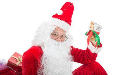 Happy merry Christmas Santa Claus pointing holding Gift Box with Isolated on white background.