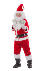 Happy merry Christmas Santa Claus pointing holding Gift Box with Isolated on white background.