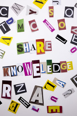 A word writing text showing concept of SHARE KNOWELEDGE made of different magazine newspaper letter for Business case on the white background with copy space