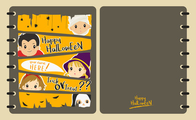 Halloween notebook front and back cover design with Halloween characters, cartoon vector.