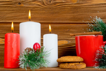 christmas candles, pine tree brunches, hot drink - christmas decoration
