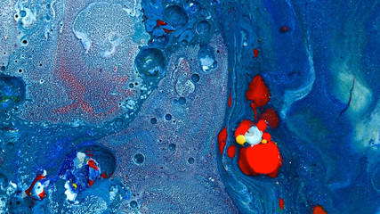 Complex blue and red and white spheres wash vibrant bright paint and oil color swirls entropy