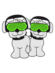 team paar 2 freunde duo party feiern dj musik kopfhörer sonnenbrille club disko schwanz wedeln hund welpe süß niedlich halsband haustier comic cartoon