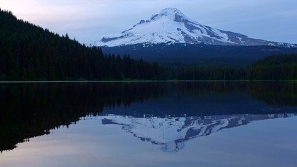 Reflection of mountain on forest lake Trillium Lake at Sunset with Mt. Hood Reflection