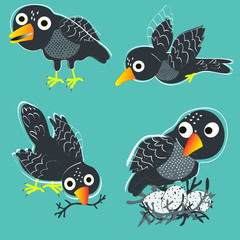 Funny black birds in different poses around the nest vector art