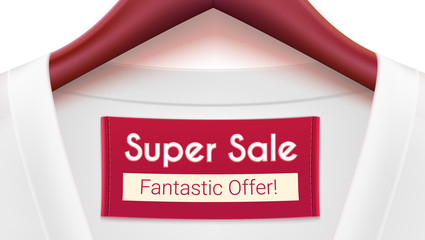 Super sale ad banner. Clothing with tag hanging on hangers. Creativity advertising with fantastic offer for your design of posters, print design, creative arts. Horizontal 3D illustration
