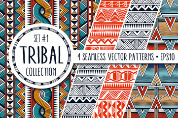 Colorful ethnic backgrounds collection. Set of 4 modern abstract seamless backgrounds. All patterns are available under the clipping mask. EPS10 vector illustration. - 178768778