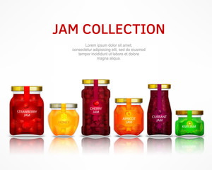 Fruit jam collection, natural glass jar, food design poster.