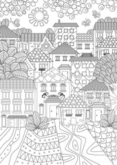 cozy cityscape with butterflies for coloring book