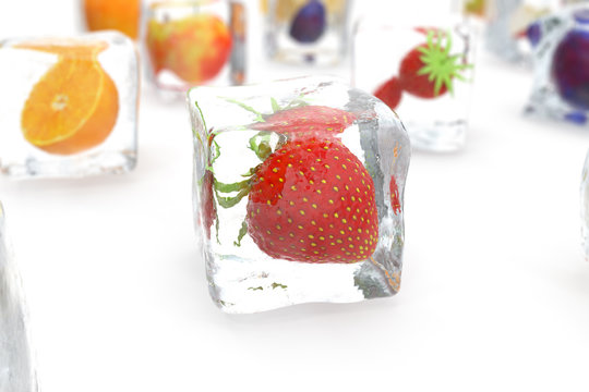 Strawberry in ice cube isolated on white with depth of field effects. Ice cubes with fresh berries. Berries fruits frozen in ice cubes, 3D rendering