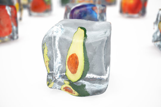 Avocado in ice cube isolated on white with depth of field effects. Ice cubes with fresh berries. Berries fruits frozen in ice cubes, 3D rendering