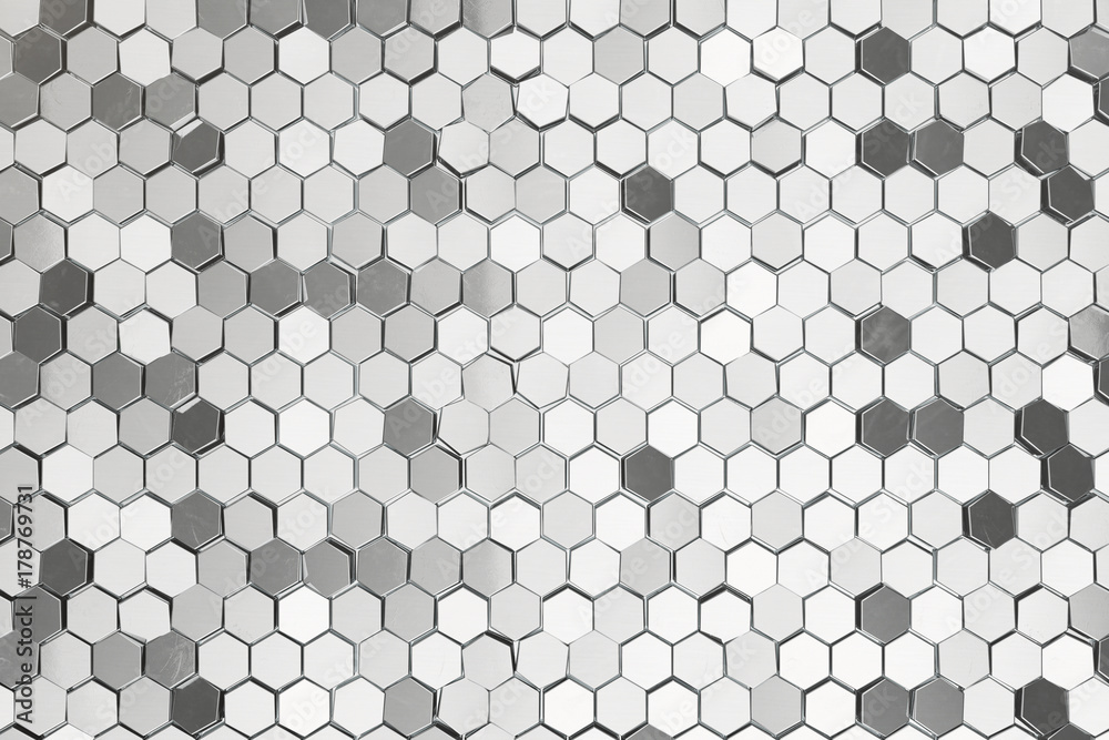 Poster silver abstract hexagonal background with depth of field effect. structure of a large number of hexa