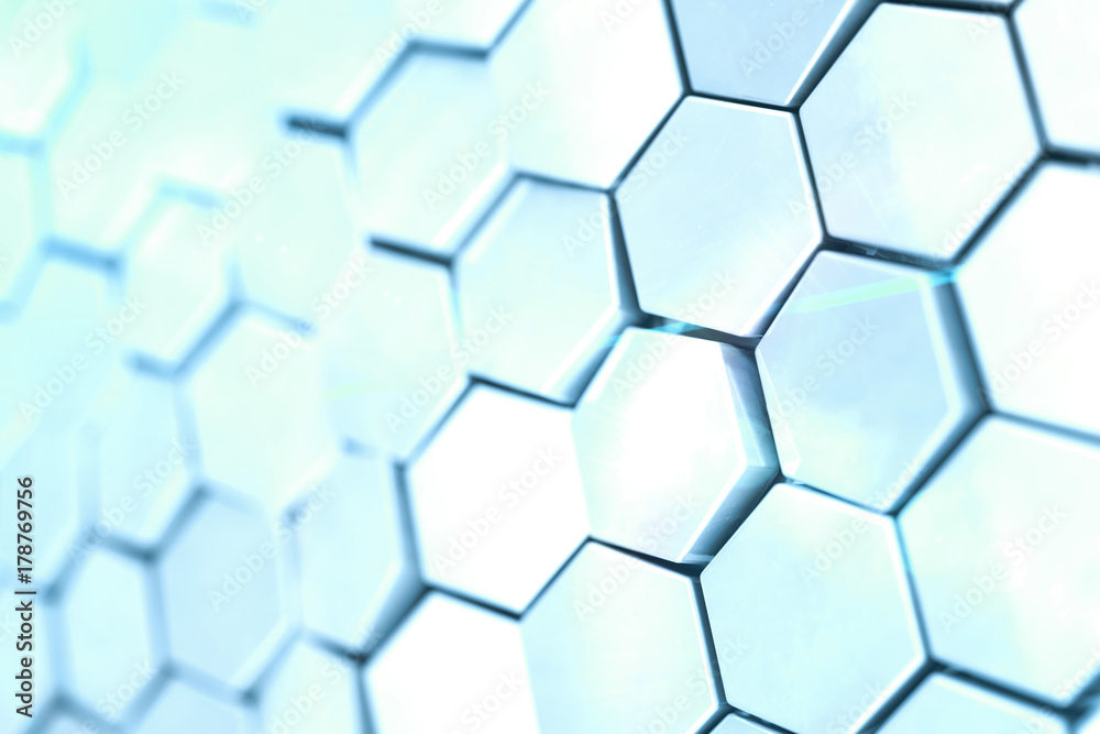 Poster futuristick abstract hexagonal background with depth of field effect. structure of a large number of