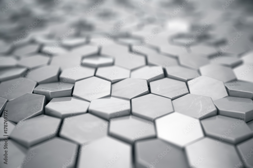 Poster silver abstract hexagonal background with depth of field effect. structure of a large number of hexa