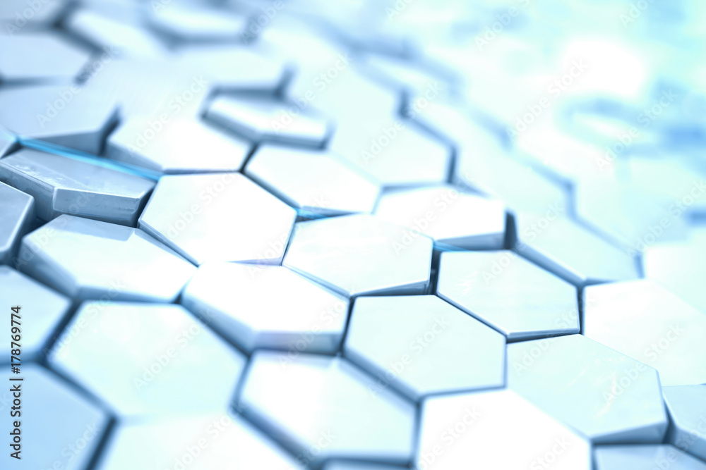 Poster futuristick abstract hexagonal background with depth of field effect. structure of a large number of