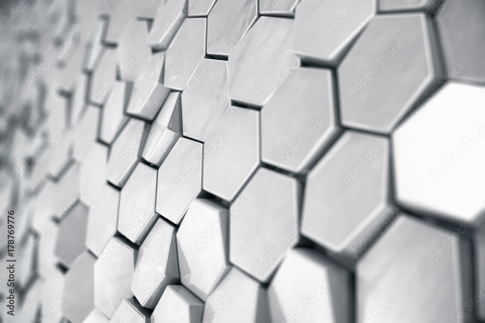 Poster silver abstract hexagonal background with depth of field effect. structure of a large number of hexa