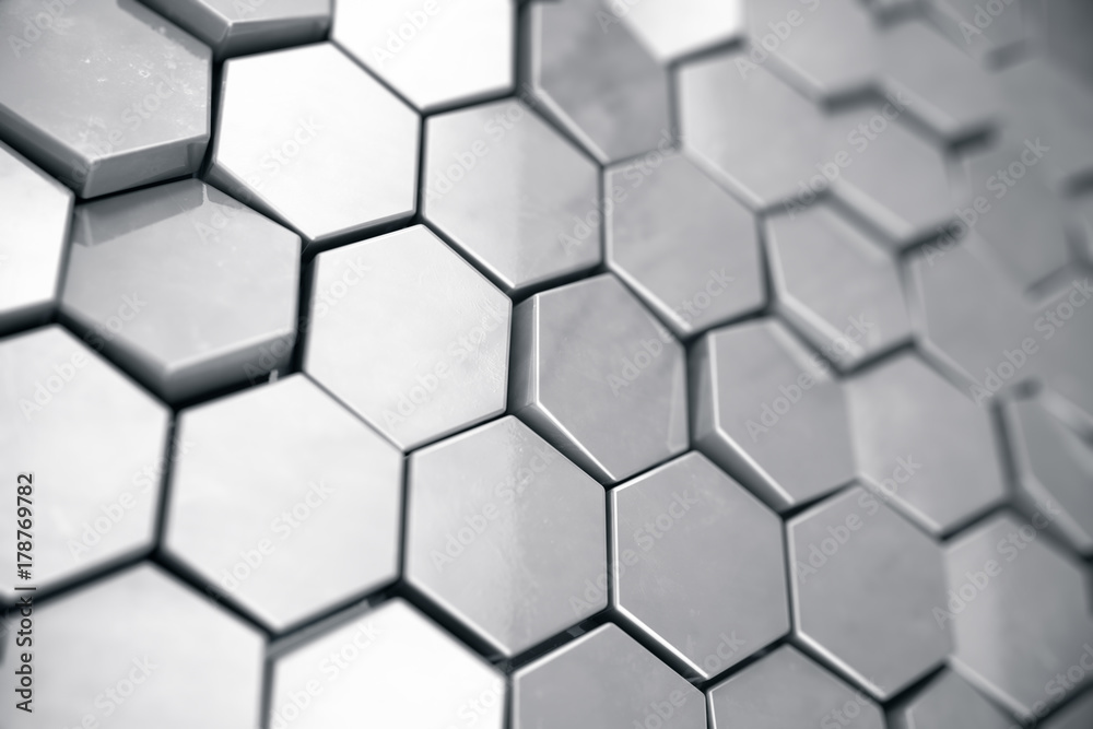 Poster silver abstract hexagonal background with depth of field effect. structure of a large number of hexa