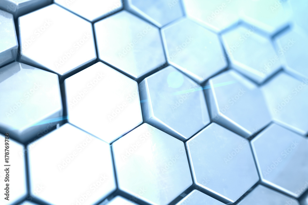 Poster futuristick abstract hexagonal background with depth of field effect. structure of a large number of