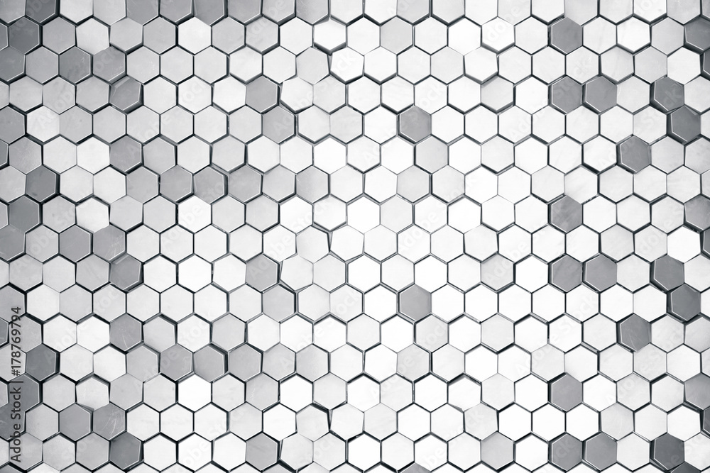 Poster silver abstract hexagonal background with depth of field effect. structure of a large number of hexa