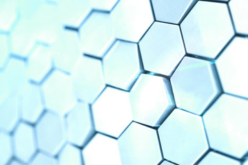Futuristick abstract hexagonal background with depth of field effect. Structure of a large number of hexagons. Steel honeycomb wall texture, shiny hexagon clusters background, 3D rendering