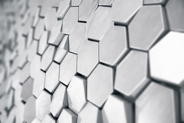 Silver abstract hexagonal background with depth of field effect. Structure of a large number of hexagons. Steel honeycomb wall texture, shiny hexagon clusters background, 3D rendering