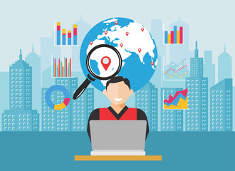 Concept of business analyst. Person analyzing financial data. Business intelligence dashboard on computer.