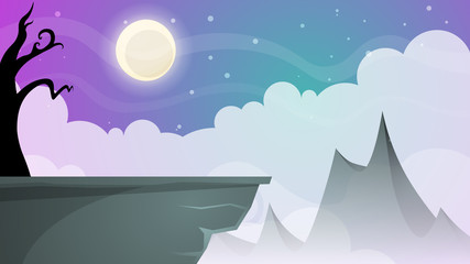 Travel night cartoon landscape. Tree, mountain, comet, star, moon road illustration Vector eps 10