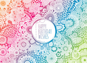 Happy Birthday Wishes doodle vector lineart.
Multi-coloured hand drawn doodles, mandalas, shapes and flowers with the words happy birthday wishes in the centre.