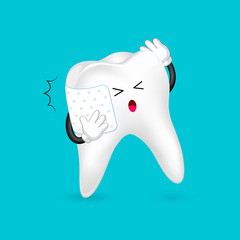 Pain tooth with bandage. Toothache cartoon character design. Dental care concept, illustration isolated on blue background.