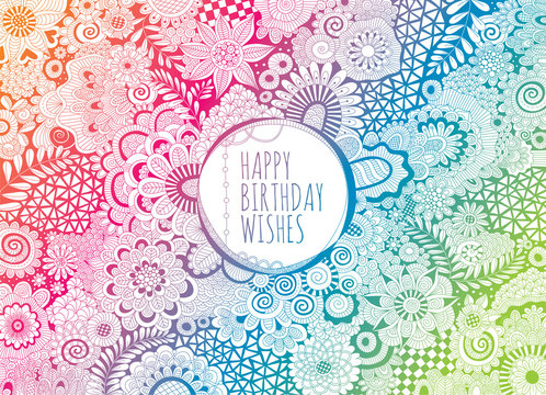 Happy Birthday Wishes doodle vector lineart.
Multi-coloured hand drawn doodles, mandalas, shapes and flowers with the words happy birthday wishes in the centre.